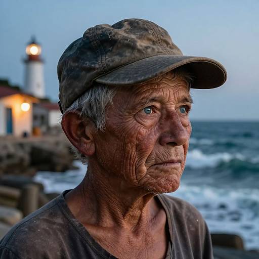 Photograph of an elderly man with weathered skin, gray hair, and a worn cap, standing by a seaside lighthouse at dusk.