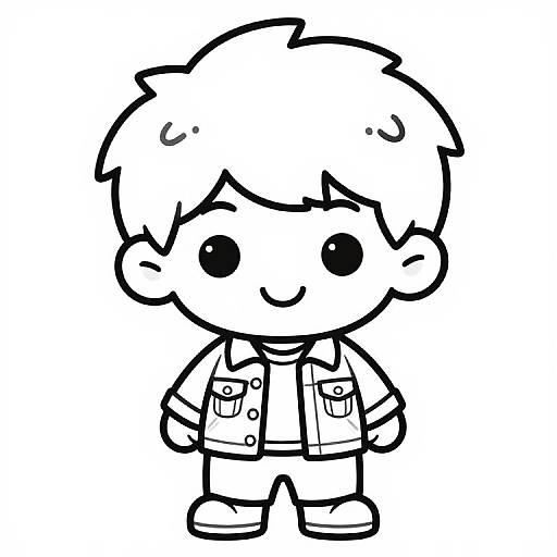 Black and white digital line drawing of a cute, chibi-style boy with short hair, large round eyes, smiling, wearing a button-up shirt and