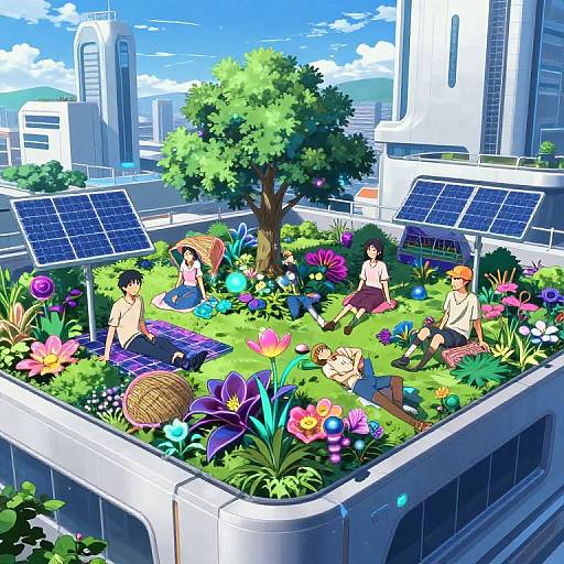 Anime-style digital illustration of four shirtless, young people relaxing in a rooftop garden with solar panels, colorful flowers, and a tree, set against a