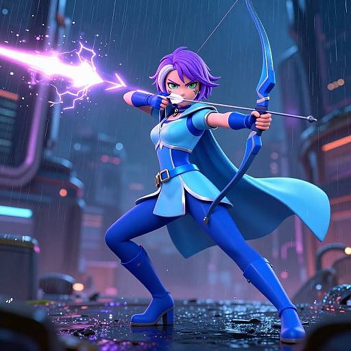 CGI digital art of a purple-haired archer in a blue outfit, firing a glowing arrow in a rainy, futuristic cityscape.