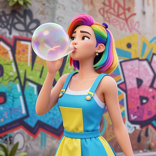 Vibrant Anime Girl with Rainbow Bubble Gum