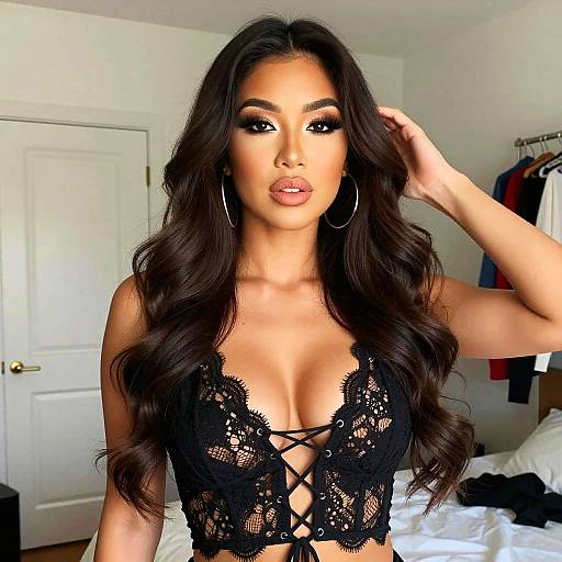 Confident Asian Woman in Lace-Up Top