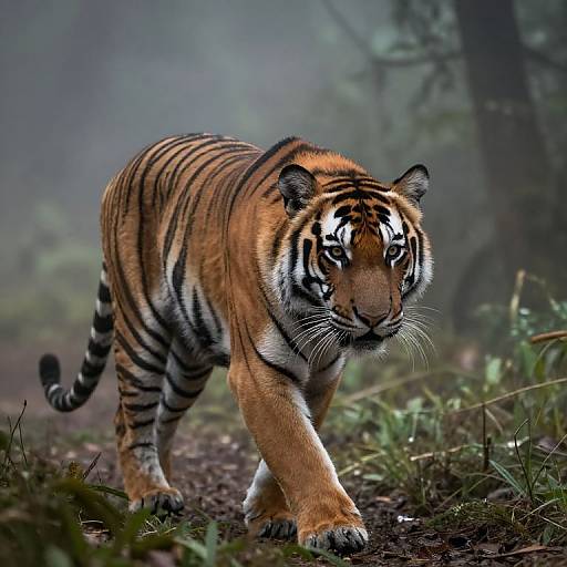 Photograph of a majestic Bengal tiger with vivid orange and black stripes, walking through a misty forest with green underbrush and tree trunks in the
