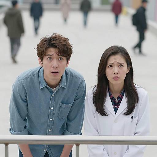 Curious Young Man and Concerned Female Scientist Leaning Forward