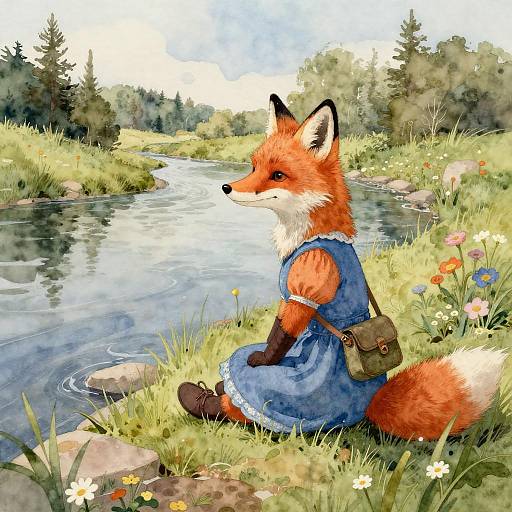 Whimsical Fox by the Riverside Meadow