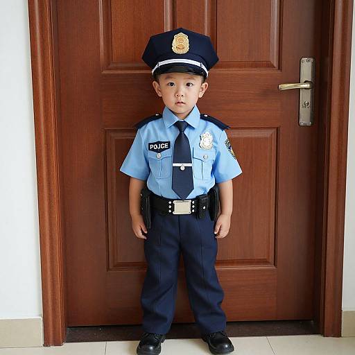Photograph of a young boy dressed as a police officer standing in front of a wooden door, wearing a blue uniform and hat.