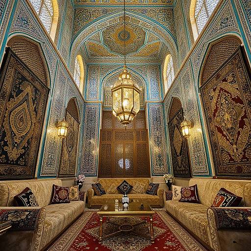 Photograph of an ornate, traditional Middle Eastern living room with intricately patterned blue and gold ceilings, rich tapestries, cream sofas,