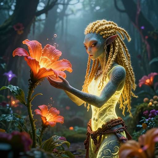 Digital fantasy art of a blue-skinned elf with yellow glowing tattoos, golden dreadlocks, holding a radiant orange flower in a mystical forest.