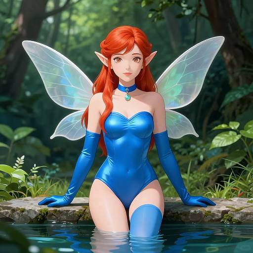 Digital art of a red-haired fairy with blue wings, pointed ears, and blue bodysuit, sitting in a forest pond.