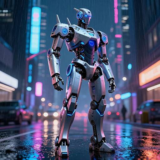 Photorealistic CGI of a white, blue-accented humanoid robot standing in a neon-lit, rainy city street, with blurred lights and reflections