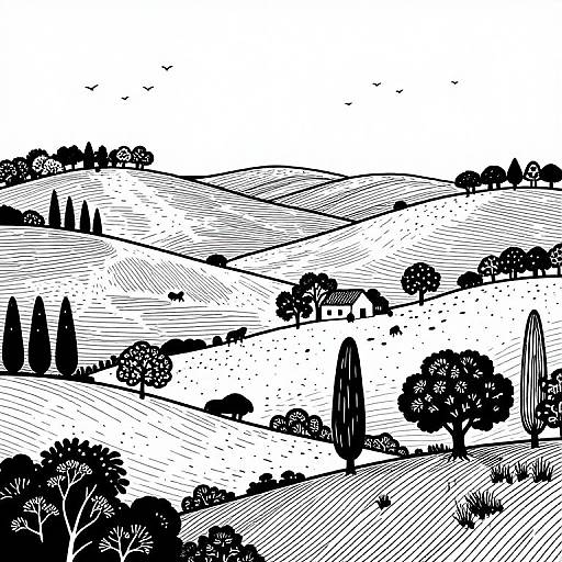 Black and white line drawing of rolling hills with varied trees, including tall cypress and leafy trees, and scattered birds in the sky.