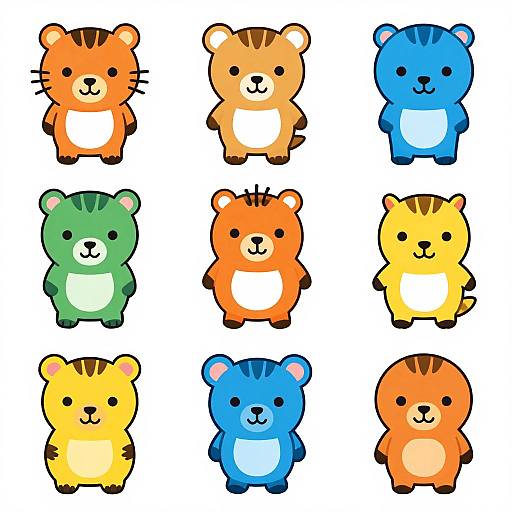 Cartoon-style digital drawing of nine adorable, round, chibi-style bear cubs in various colors: orange, beige, blue, green, yellow