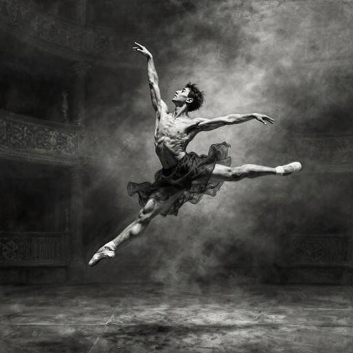 Charcoal Ballet Leap in Foggy Theater