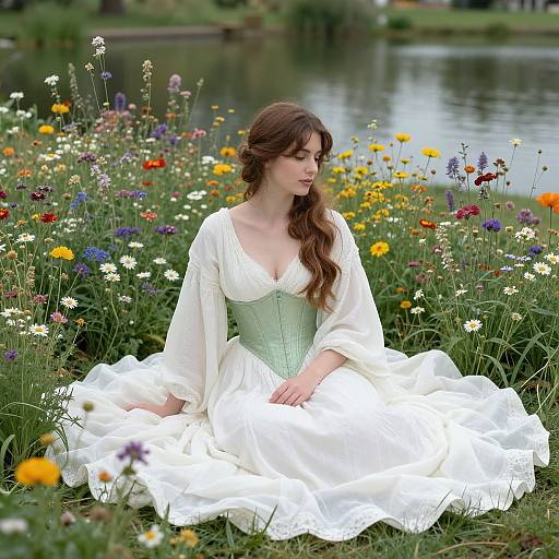 Photograph of a fair-skinned woman with long brown hair in a white, low-cut, long-sleeved dress, seated among colorful wildflowers