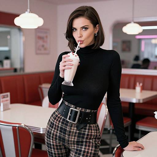 Photorealistic digital image of a stylish woman with short brown hair, black turtleneck, plaid high-waisted pants, and belt,
