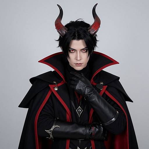 Photograph of a pale-skinned, black-haired man in a black cape with red trim, red horns, and black gloves, with intense red eyes