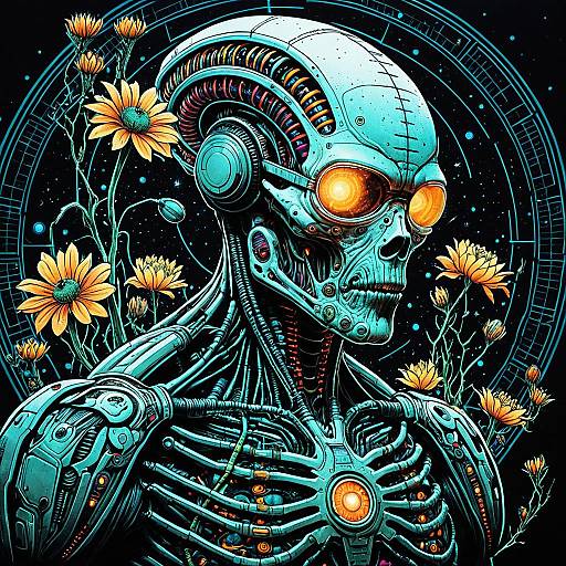 Biopunk Cyborg with Glowing Flowers