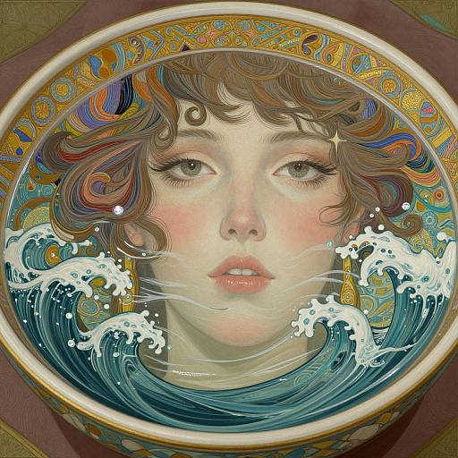 Digital painting of a fair-skinned woman with curly brown hair, staring through a circular, ornate bowl with vibrant waves and gold patterns.