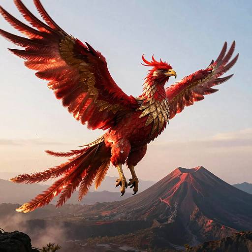 Massive Crimson Phoenix Over Volcano