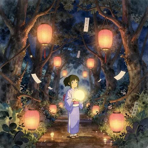 Girl in Yukata Holding Glowing Orb in Lantern-Lit Garden