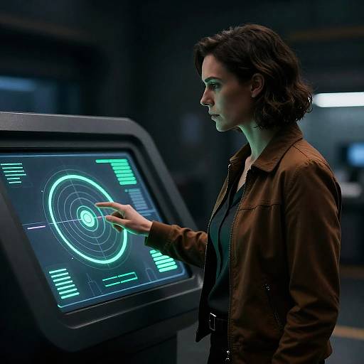 Serious Woman at Futuristic Control Panel