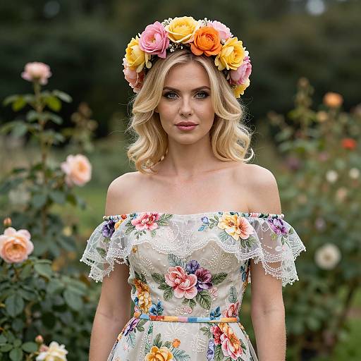 Photograph of a blonde woman with wavy hair, wearing a floral off-shoulder lace dress and a colorful flower crown, standing in a vibrant