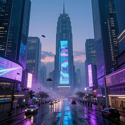 Photograph of a futuristic, neon-lit city street at dusk, featuring a towering skyscraper with a blue and pink illuminated sign, surrounded by high
