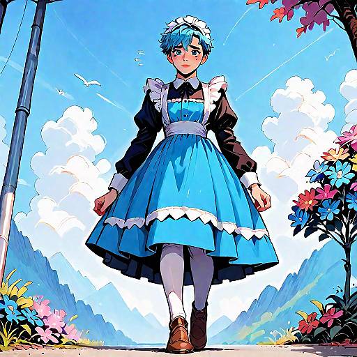 Blue-Haired Boy in Maid Outfit