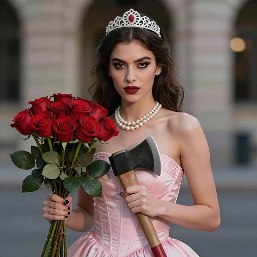 Woman in Pink Gown Holding Roses and Axe