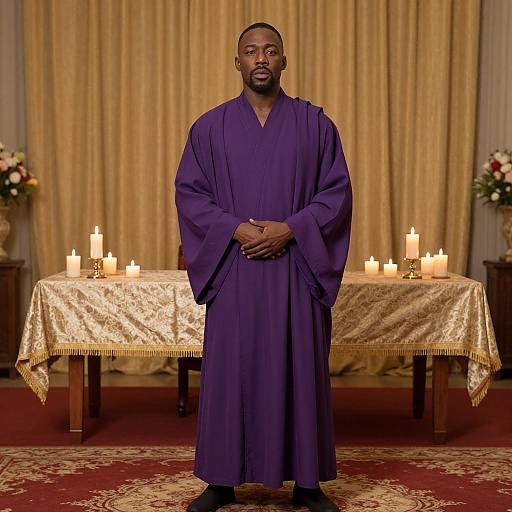 Photograph of a serious black man in a purple religious robe standing before a table of lit candles, gold curtains, and floral arrangements in a warmly lit