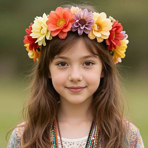 Photograph of a young girl with long brown hair, wearing a colorful flower crown, beaded necklace, and patterned shirt, smiling against a blurred