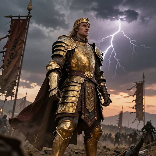 Photorealistic CGI of a golden-armored, bearded warrior with crown, standing amidst battlefield under lightning-filled stormy sky, flags waving in background