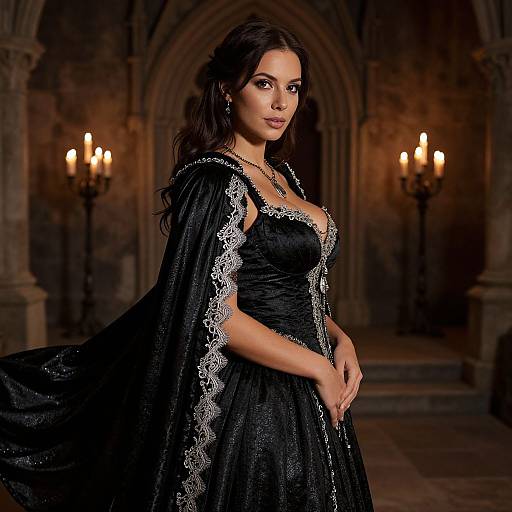 Photograph of a dark-haired woman in a black, lace-trimmed gown, standing in a dimly lit, gothic-style hall with candles