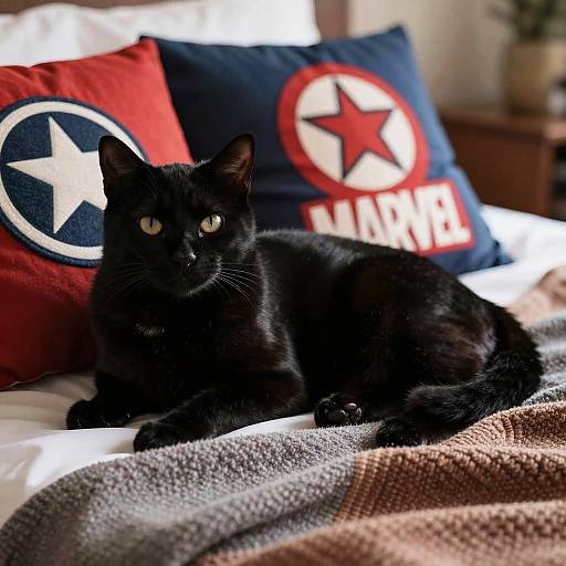 Photograph of a black cat with yellow eyes lying on a bed with a beige blanket, red and blue Marvel-themed pillows in the background. Sunlight