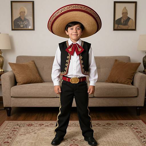 Photograph of a young boy in traditional Mexican outfit, large sombrero, white shirt, black vest, red bowtie, standing in living room with