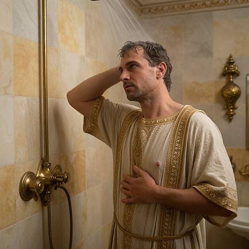 Photograph of a wet, dark-haired man in a beige, gold-trimmed Roman-style tunic, standing under a shower in a tiled bathroom