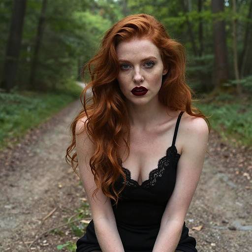 Photograph of a pale-skinned, red-haired woman with wavy hair, wearing dark lipstick and a black lace-trimmed dress, sitting on