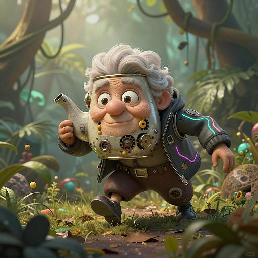 Cyberpunk Teapot Grandma in Jungle