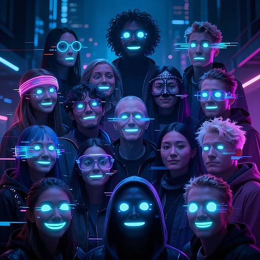 Photograph of diverse group with glowing blue digital eyes and neon smiles in a dark, futuristic cityscape with blue and pink lights.