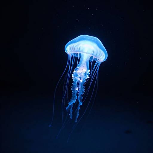Photograph of a glowing blue jellyfish floating in a dark, dark blue ocean, with its translucent, umbrella-shaped bell and long, trailing tentacles