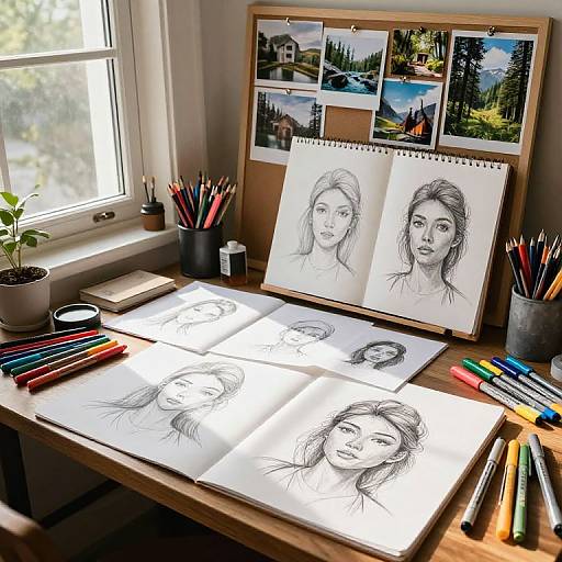 Photograph of a sunlit artist's desk with pencil sketches of women, colored pencils in a cup, and a pinned photo collage.