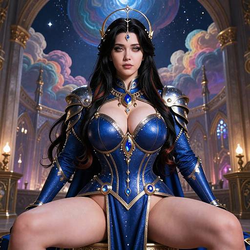 Digital art of a voluptuous woman with large breasts, wearing blue and gold armor, sitting with legs spread, in a celestial cathedral.