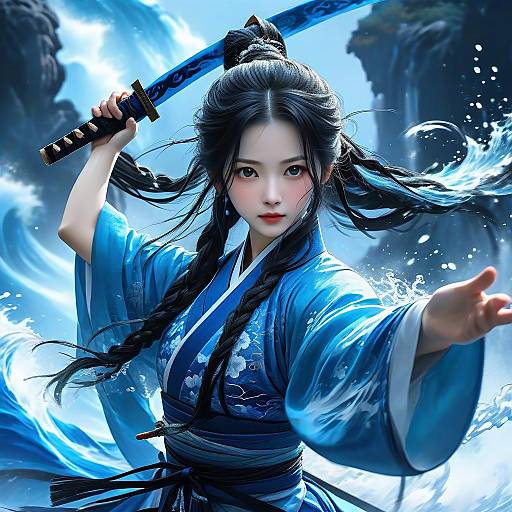 Digital art of an Asian woman with black hair in braids, wearing a blue kimono, holding a katana, reaching out, set against a
