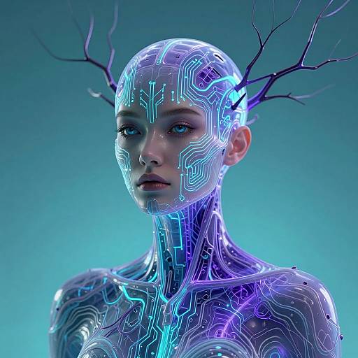 Digital CGI artwork of a futuristic, cybernetic woman with glowing blue and purple circuit patterns on her face and body, bare-chested, with black