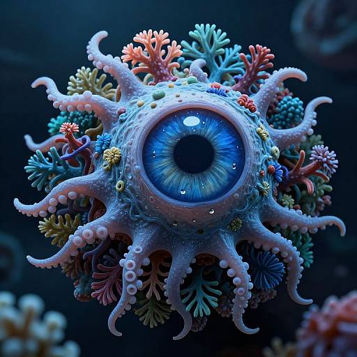 Digital artwork of a surreal, blue-eyed, octopus-like creature with tentacles and colorful coral-like appendages, set against a dark blue background.