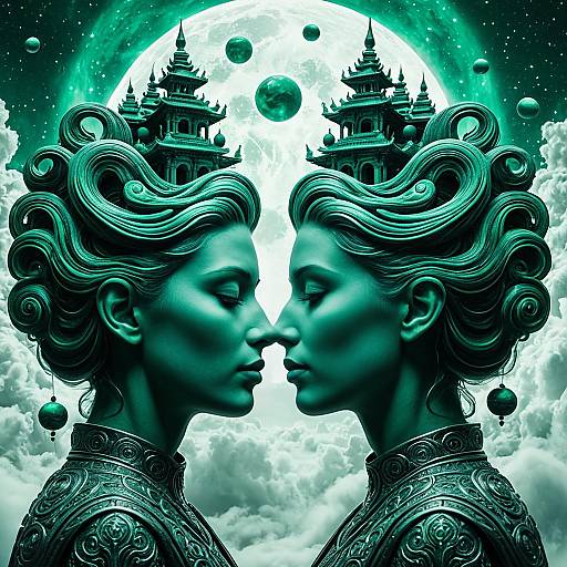 Surreal Emerald Twin Faces with Temple Crowns