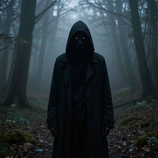 Photograph of a mysterious, shadowed figure in a dark hooded raincoat standing in a foggy, dense forest with tall, misty trees