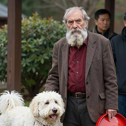 Elderly Man with White Fluffy Dog Holding Red Frisbee