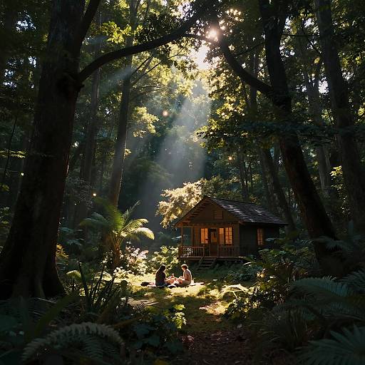 Photograph of a sunlit forest cabin with sunlight streaming through tall trees, illuminating ferns and a couple sitting outside.
