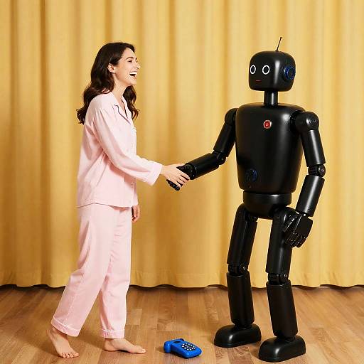 Joyful Encounter: Woman and Friendly Robot